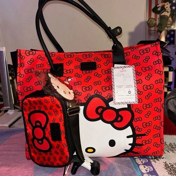 Hello Kitty Red polka dot Travel Tote Bag with matching crossbody & luggage tag. - Picture 1 of 13